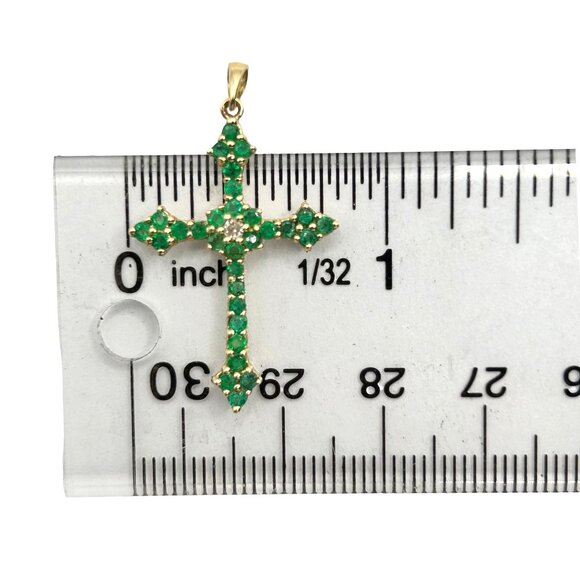 14k Yellow Gold Natural Emerald and Diamond Cross Pendant - Picture 7 of 8